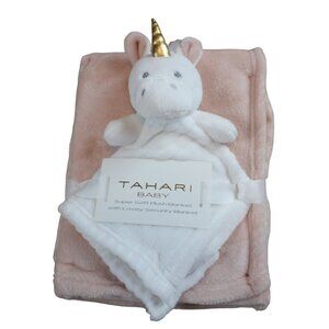 Tahari Baby Unicorn Security Blanket Lovey Set Pink Fleece Plush Soft Infant NWT